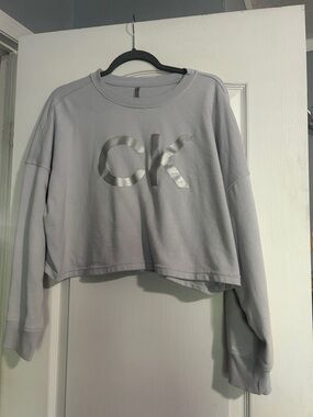 Calvin Klein Light Gray Cropped Sweatshirt with Silver CK Logo